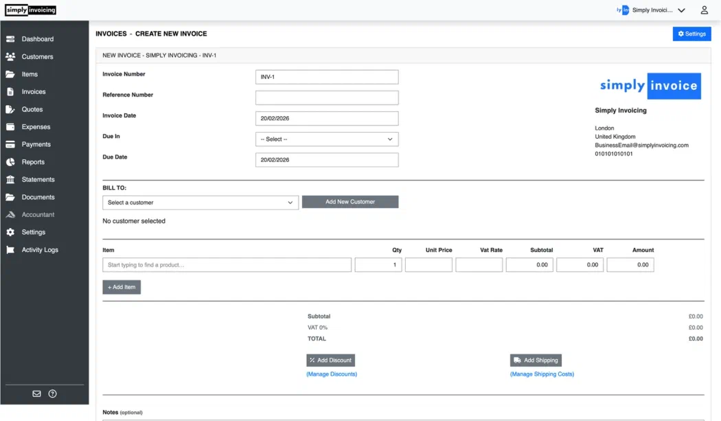 Professional online invoice creation screen with editable draft and VAT breakdown for UK small business