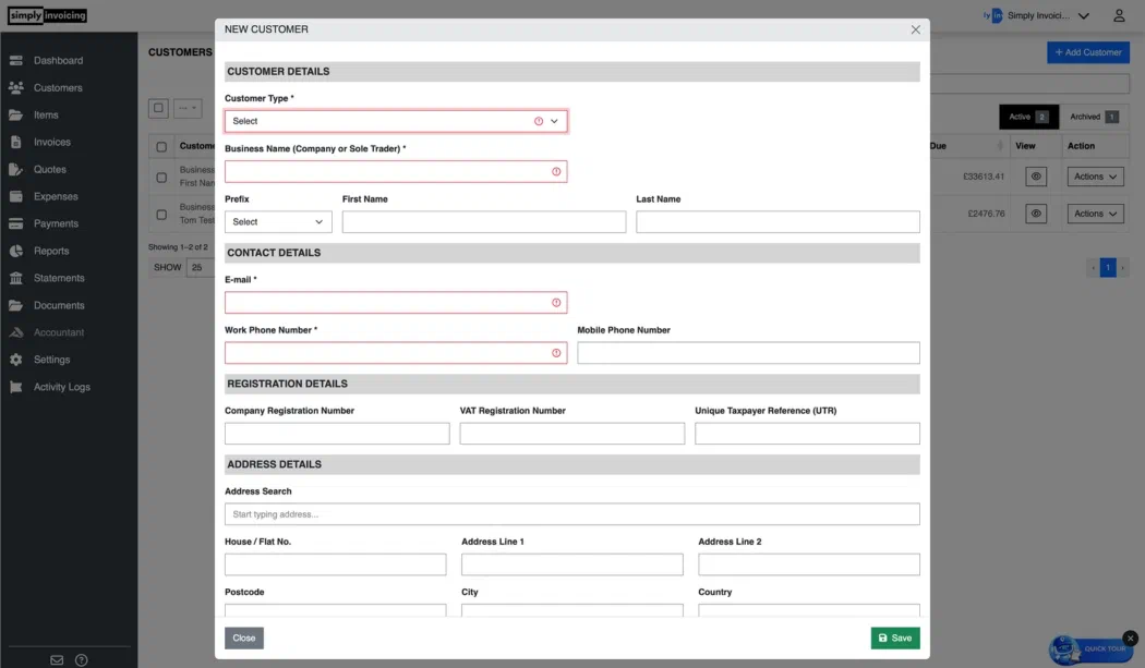 Customer management dashboard in online invoicing software showing stored customer details for UK small business