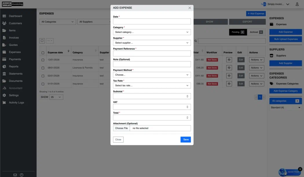 Expenses and income tracking dashboard in small business invoicing software showing profit overview and financial records in GBP