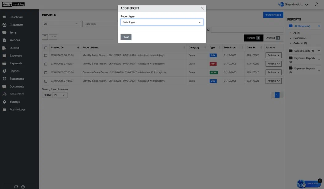 Financial reports dashboard with export and accountant sharing options in UK invoicing software for tax-ready small businesses